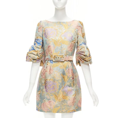 ANDREW GN pastels floral lurex jacquard ruched sleeve belted dress FR38 M - Image 1 of 4