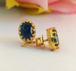 Crown Kyanite Oval Cab Stud Earrings 14K Yellow Gol jewelry For Women - Picture 1 of 7
