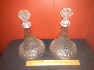 Pair of Vintage Diamond Point Pressed Glass Decanters - Picture 1 of 11