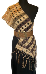 OBD Handmade, Hand Knit, Indian Lace, Earth-Toned, Striped Scarf w/Fringe & Bead - Picture 1 of 10
