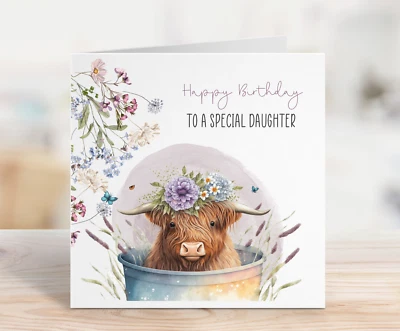 Tarjeta de cumpleaños personalizada mamá nan hija amiga sobrina diseño vaca de las tierras altas 3 Foto 1 de 2