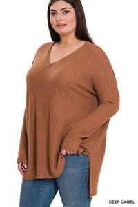 ZENANA Plus Size Sweater Brushed Thermal Waffle V-Neck Pullover - Picture 1 of 6