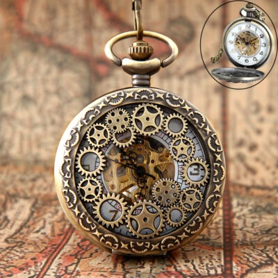 Reloj Bolsillo Mecánico Vintage Hombre Mujer Tono Bronce Steampunk Cadena Esqueleto Foto 1 de 4