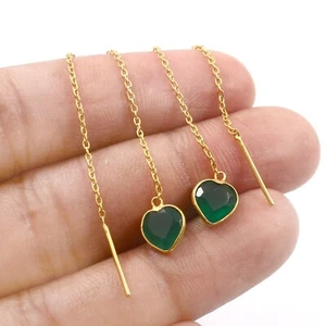 Green Onyx Threader Earring - Natural Gemstone 18k Solid Gold Handmade Earring - Picture 1 of 3