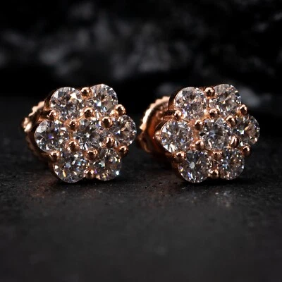 VVS Moissanite Flower Cluster Rose Gold Sterling Silver Men Stud Earrings - Image 1 of 4