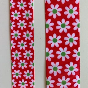 Floral White daisies green centers on cherry red  Grosgrain ribbon  1" 1.5" - Picture 1 of 3