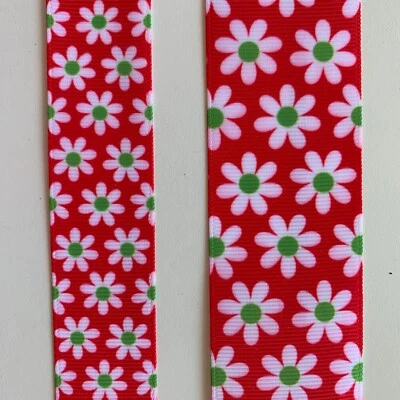 Floral White daisies green centers on cherry red  Grosgrain ribbon  1" 1.5" - Image 1 of 3