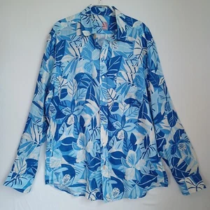 J McLaughlin Linen Shirt Mens Medium Blue Tropical Print Long Sleeve Button Up - Picture 1 of 8