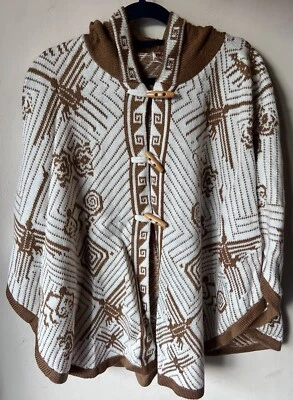 Women's Alpaca Wool Hooded Knit Yarn Cape Coat Poncho - Wooden Buttons - Image 1 of 4