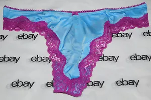 NEW Victoria's Secret Tease Thong Panty Light Blue Satin Purple Lace Trim Medium - Picture 1 of 2