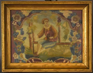 Gilt Framed Antique Needlepoint of Seated Young 18th c. Man in Floral Vignette - Picture 1 of 3