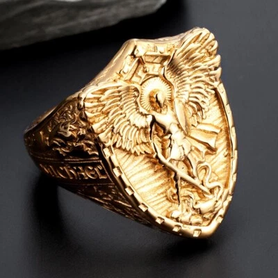 Vintage Big Angel St. Micheal Shield Ring Stainless Steel Men's Biker Punk Ring - Image 1 of 4