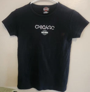 Y2k Baby T-Shirt Harley-Davidson Chicago Größe Small Strass Schwarz Kurzarm - Bild 1 von 6