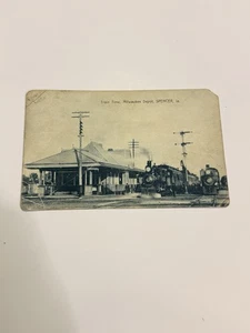 Train Time Milwaukee Depot Spencer Iowa RPPC Steam Locomotive ca1907 - Picture 1 of 7