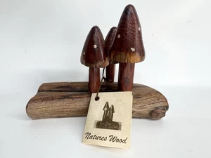 Mushroom Spotted Hand Carved Wood Sculpture Art Fairy Signed MCM Cottage Core - Picture 1 of 9