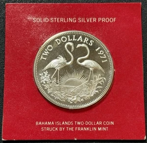 Vintage 1971 925 Sterling Silber PP 2 $ Franklin Mint Bahamas Flamingos mit Karte - Bild 1 von 4