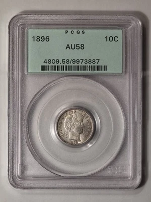 Монета номиналом 10 центов 1896 с изображением Барбера PCGS AU58 - Изображение 1 из 4