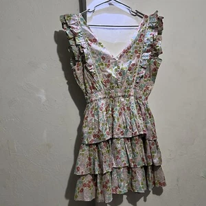 LOVE THE LABEL Pink Green Ines Floral Printed Tiered Ruffle Flutter Mini Dress S - Picture 1 of 15