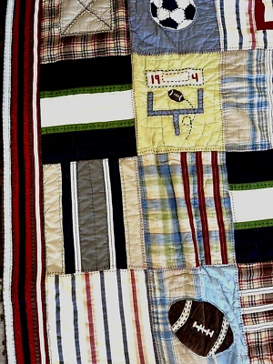 POTTERY BARN Kids full-queen patchwork sports quilt--baseball-basketball.... - Image 1 of 4