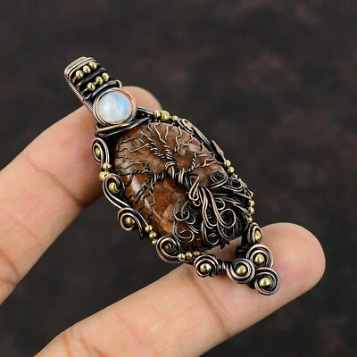 Colgante Árbol de la Vida Ovalado Piedra Lunar Arco Iris Piedra Lunar Envuelto Alambre Cobre Foto 1 de 4