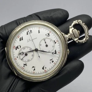 VINTAGE LONGINES POCKET WATCH CHRONOGRAPH 55.2MM MANUAL WIND MOVEMENT SILVER - Picture 1 of 16