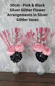 ARTIFICIAL SILK PINK GLITTER ROSES, BLACK GLITTER FLOWER, SILVER GLITTER B/VASES - Picture 1 of 5