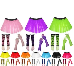 Kids Tutu Skirt Party Costume Fancy Dress Set Neon UV Gloves Striped Leg Warmers - Picture 1 of 11