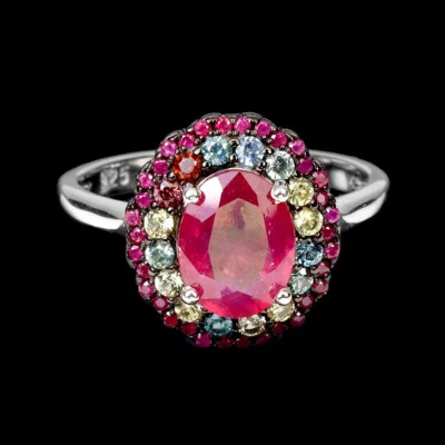 Summer 925 Silver Ring Oval Ruby Round Ruby Myanmar Sapphire Gemstone - Image 1 of 4