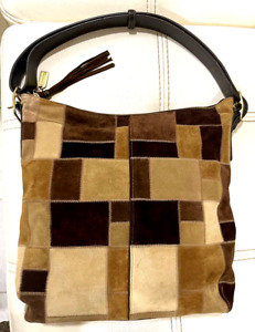 COACH Brown Multi-Tones Patchwork Split Suede Leather  Handbag/Shoulder bag 9331
