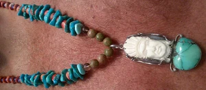Large Carved Bone,Sterling,turquoise Pendant  Tribal Ooak Native Chief - Picture 1 of 11