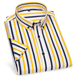 Mens Dress Shirts Short Sleeves Formal Business Striped Elastic Casual Shirt Top