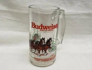 Budweiser King Of Beers Clydesdales Christmas Clear GLASS MUG/STEIN 1992 Genuine - Picture 1 of 8