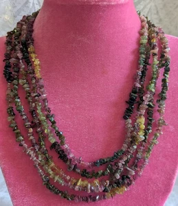 NATURAL 5 STRAND WATERMELON TOURMALINE  BEADS NECKLACE  STERLING SILVER - Picture 1 of 6