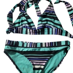 JAG striped black, purple, aqua blue striped bikini swimsuit - Picture 1 of 11