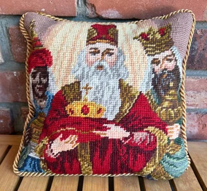 Almohada de punta de aguja We Three Kings de colección 9" oro trenzado ribete trasero azul real terciopelo - Imagen 1 de 5