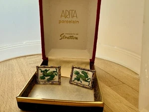 Japanese Arita Porcelain Cufflinks Toshikane Green Dragon Vintage Original Box - Picture 1 of 3