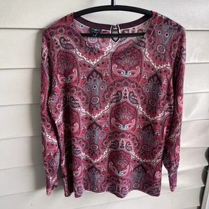Talbots Womens Pure Merino Wool Paisley Sweater Sz 1X Burgundy Long Sleeve Fall - Picture 1 of 9
