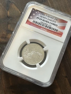 2006 S Silver North Dakota State 25c NGC PF69 Ultra Cameo  American Flag holder! - Image 1 of 4