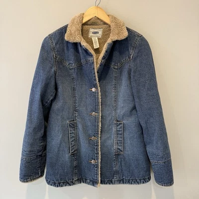 Chaqueta de Jean Forrada Sherpa Azul Marino Antigua Talla M Denim Boyfriend Clásica Abrigo de Camionero Usado en Excelente Condición Foto 1 de 4