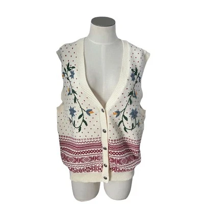 Charter Club 女式复古手工刺绣花卉公平岛毛衣背心 M 码 — 第 1/4 张图片