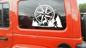 Compass Bigfoot Mountain Forest Scene Vinyl Decal V2 | Sasquatch Camping RV - Picture 1 of 5