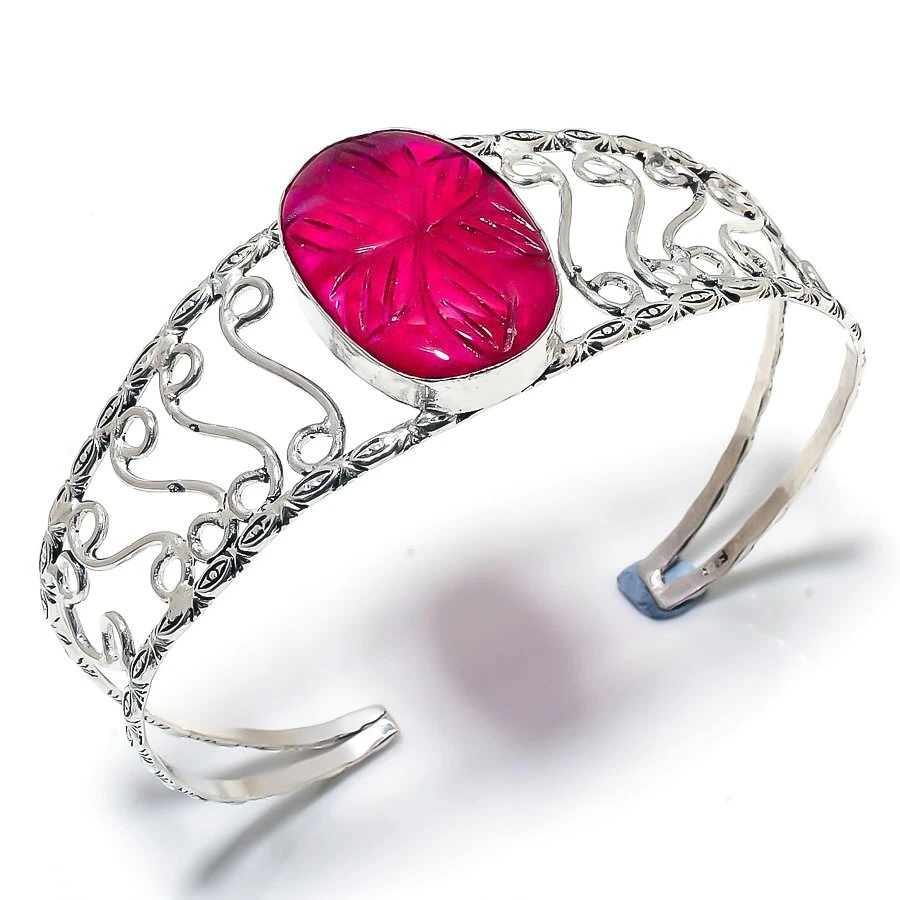 Ruby(Simulated) Gemstone Handmade 925 Silver Cuff Bracelet Adjustable R-5084 - Image 1 of 1