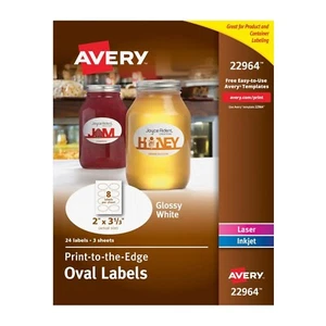 Etiquetas ovaladas Avery Print to Edge de 2" x 3-1/3" blancas brillantes permanentes paquete de 24/ - Imagen 1 de 6