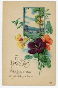 Antigua Postal Cumpleaños Felicitaciones Alegría y Felicidad Flores Divididas Sin Publicar - Imagen 1 de 2