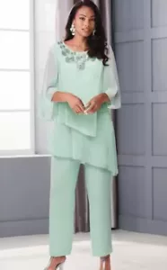 L Ashro Formal Green Spring Wedding Church Easter Shawntae Beaded Pant Suit Set - Picture 1 of 4