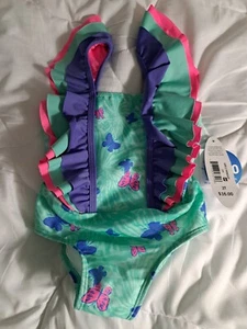 NWT GIRLS - SIZE 2T - 1 PC. SWIMSUIT - RUFFLES & BUTTERFLIES -PURPLE PINK GREEN - Picture 1 of 2