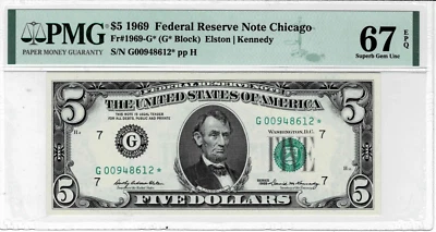 1969 $5 Federal Reserve *Star*note-fr.1969-G*(Chicago)PMG 67 EPQ-TOP POP! - Image 1 of 4