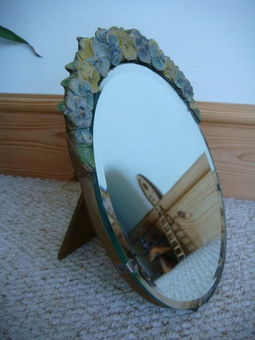 Original Art Deco Pansy Barbola Bevelled Glass Free Standing Mirror Ball Feet Cover