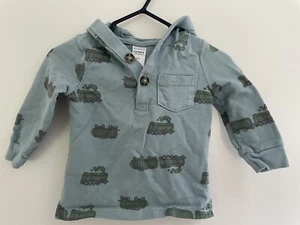 Carter's Baby Boy Green Train Print 100% Cotton Hooded Long Sleeve Shirt Blue 6M - Picture 1 of 6