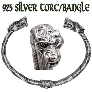 Celtic Wolf 925 sterling silver bangle torc Viking arm ring werewolf twilight - Picture 1 of 11